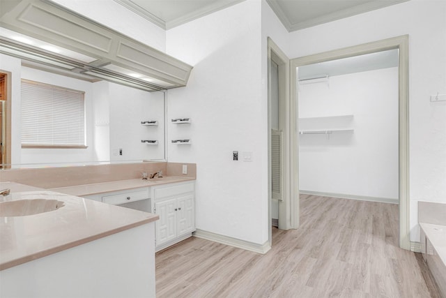 bathroom featuring crown molding, vanity, and hardwood / wood-style floors