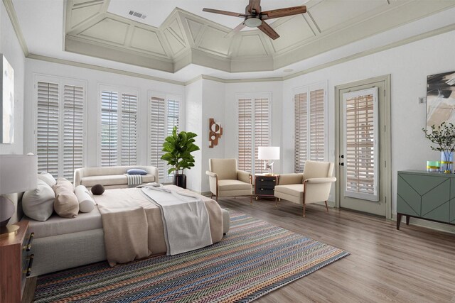 bathroom featuring hardwood / wood-style flooring, plus walk in shower, and crown molding