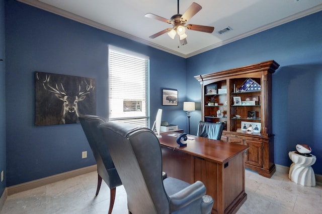 office area featuring ceiling fan, visible vents, baseboards, and ornamental molding