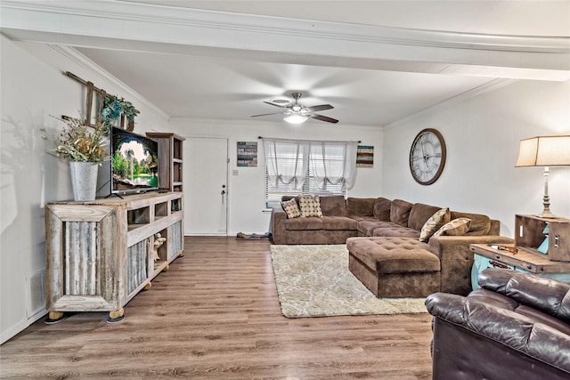 living room with ornamental molding, hardwood / wood-style floors, and ceiling fan