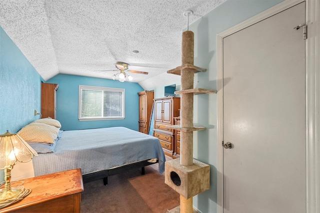 carpeted bedroom with ceiling fan, lofted ceiling, and a textured ceiling