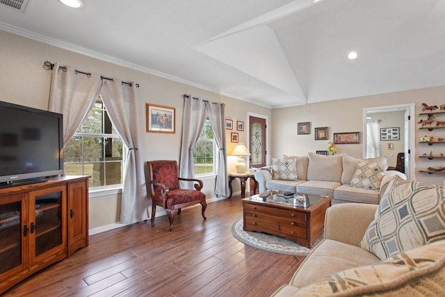 living room featuring vaulted ceiling, dark hardwood / wood-style floors, and crown molding