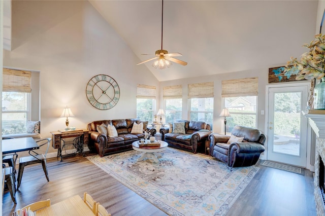 living room with wood-type flooring, a healthy amount of sunlight, and high vaulted ceiling