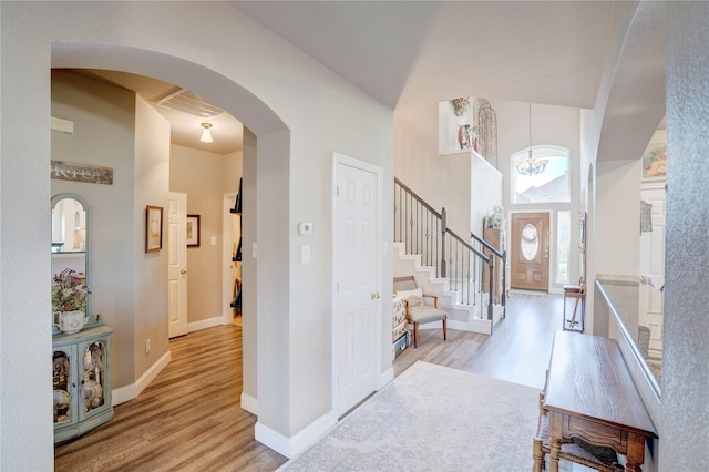 entrance foyer featuring a high ceiling and light wood-type flooring