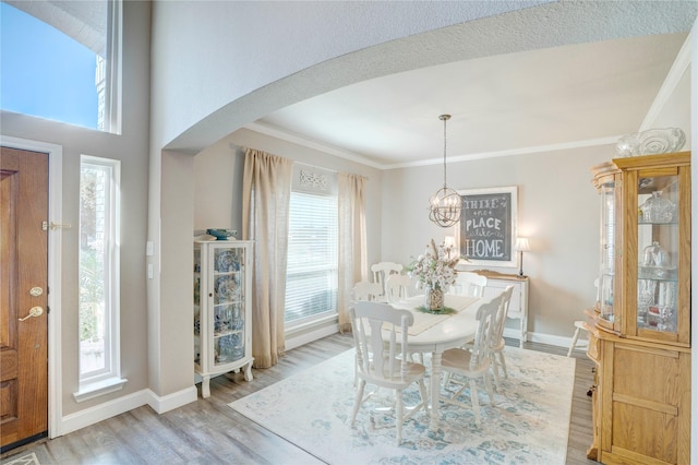 dining room featuring crown molding, a healthy amount of sunlight, and light hardwood / wood-style flooring