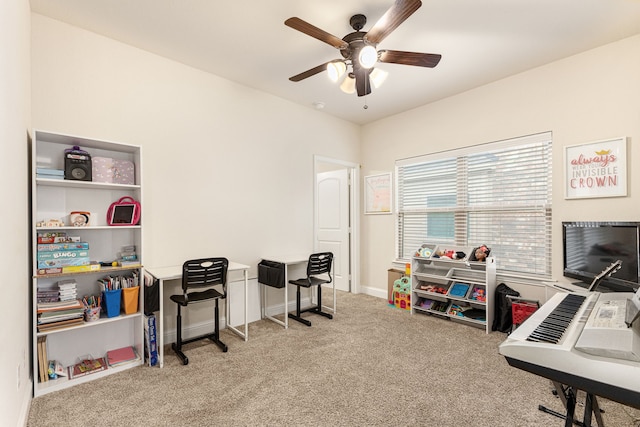 rec room with ceiling fan and carpet flooring