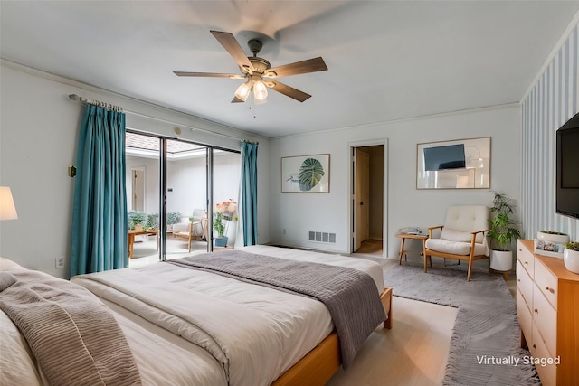 bedroom featuring crown molding, access to outside, light colored carpet, and ceiling fan