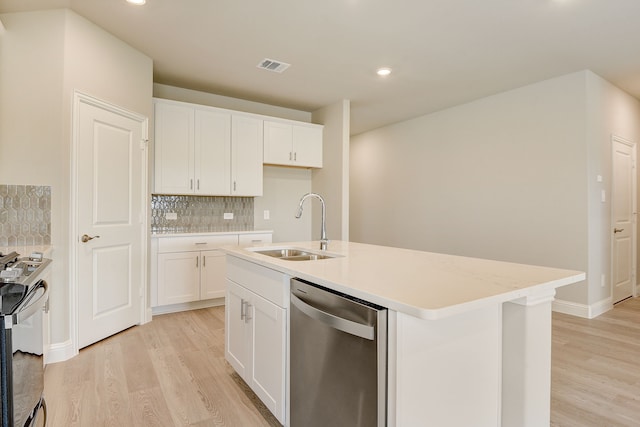 kitchen with sink, white cabinetry, a center island with sink, appliances with stainless steel finishes, and backsplash