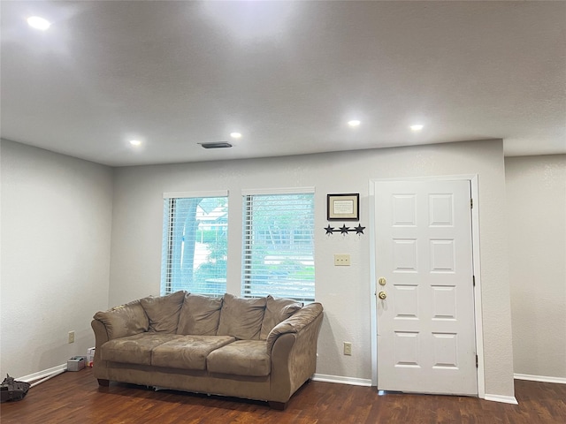 living room with dark hardwood / wood-style flooring