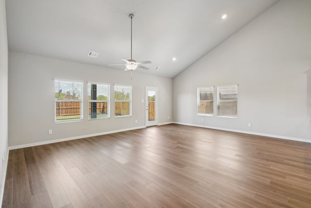 unfurnished living room featuring dark wood-type flooring, high vaulted ceiling, and ceiling fan