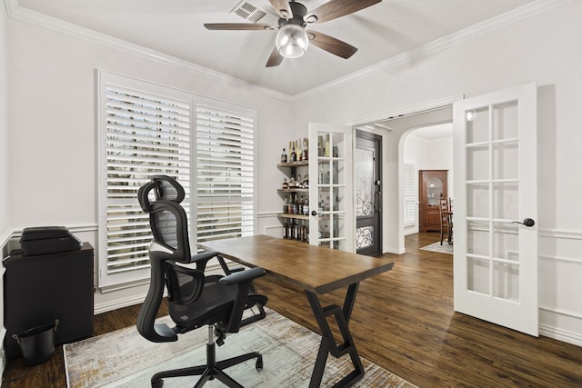 office featuring french doors, ceiling fan, dark hardwood / wood-style floors, and crown molding