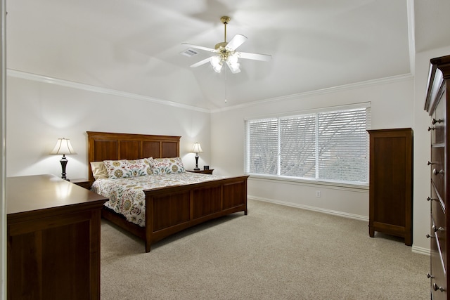 bedroom with ornamental molding, vaulted ceiling, light carpet, and ceiling fan