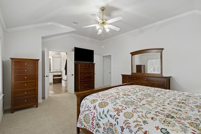 carpeted bedroom with ceiling fan, ornamental molding, and a closet