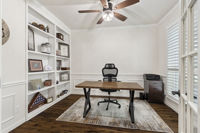 office area featuring crown molding, dark wood-type flooring, and ceiling fan