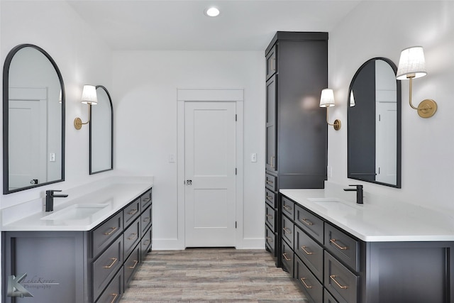 bathroom with hardwood / wood-style flooring and vanity