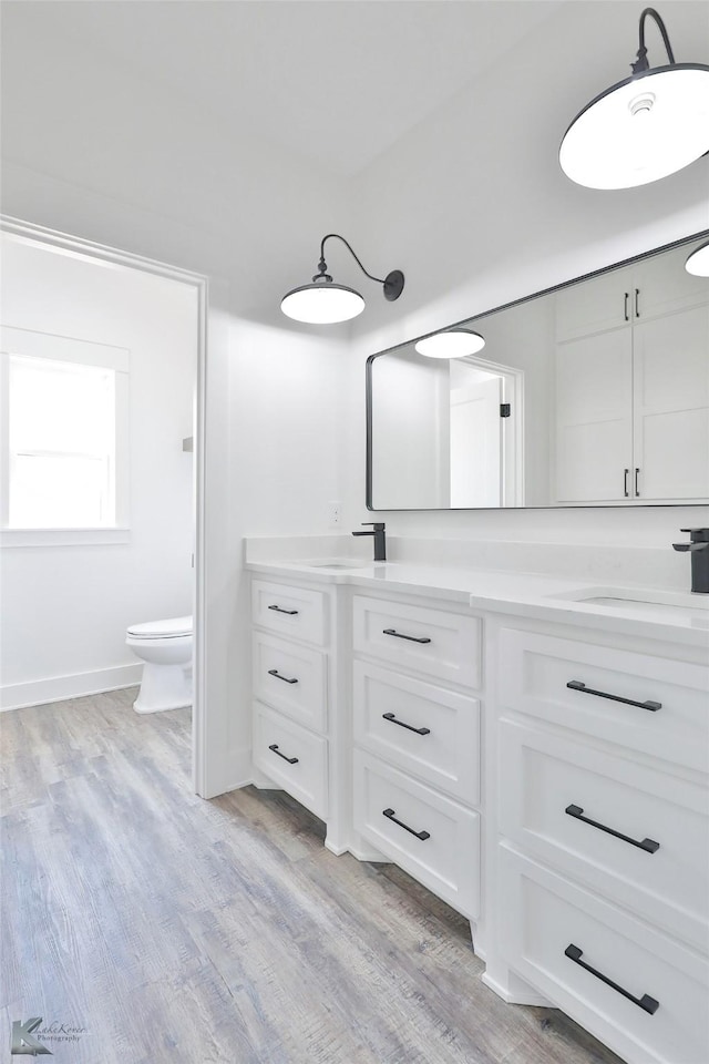 bathroom with vanity, hardwood / wood-style flooring, and toilet