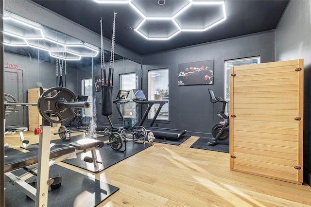 exercise room with hardwood / wood-style floors