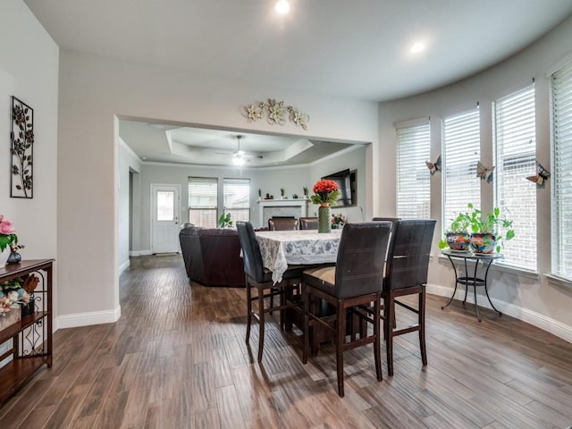 dining room featuring a fireplace, baseboards, dark wood-type flooring, and a tray ceiling