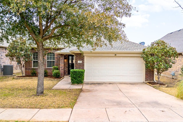 single story home featuring a garage, central AC unit, and a front lawn