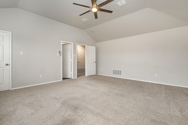 unfurnished bedroom with vaulted ceiling, carpet floors, and ceiling fan