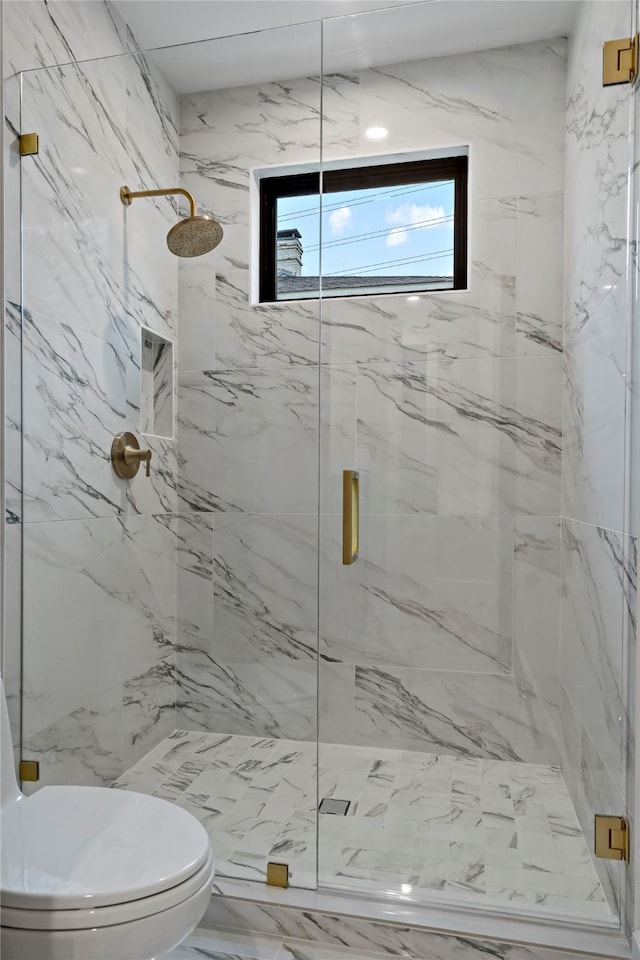 full bath with toilet, a marble finish shower, and marble finish floor