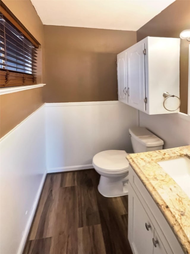 bathroom featuring vanity, toilet, and hardwood / wood-style floors