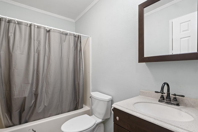 full bathroom featuring vanity, ornamental molding, shower / bath combination with curtain, and toilet