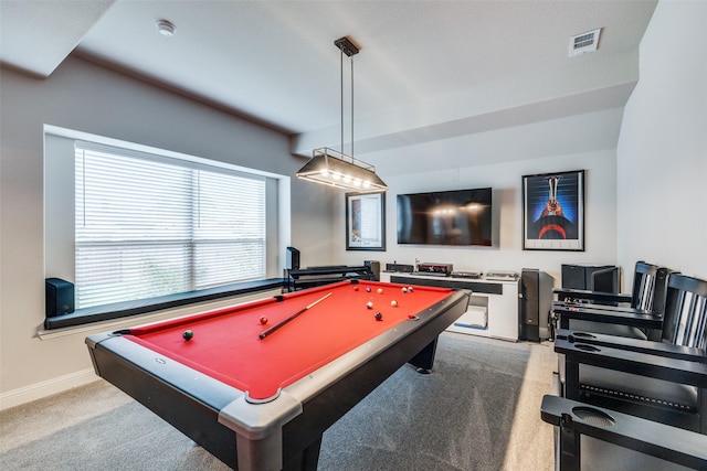 playroom featuring light carpet and pool table