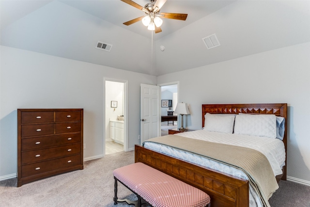 bedroom featuring lofted ceiling, visible vents, light carpet, and baseboards