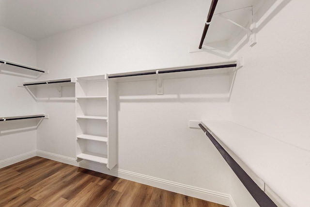 walk in closet with dark wood-type flooring