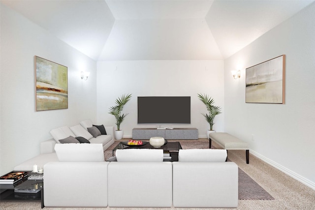 carpeted living room with lofted ceiling