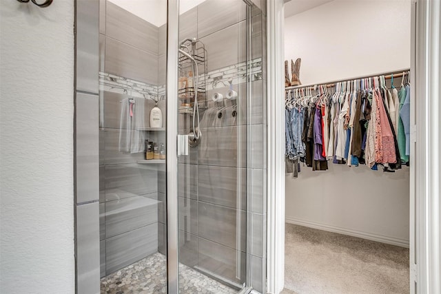 bathroom with a shower with shower door