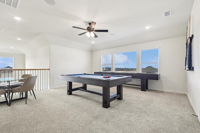 playroom with light carpet, pool table, and ceiling fan