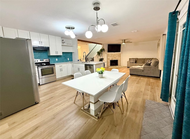 kitchen featuring decorative light fixtures, white cabinetry, sink, a breakfast bar area, and stainless steel appliances