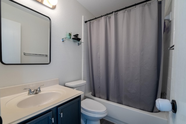 full bathroom with vanity, shower / bath combination with curtain, and toilet