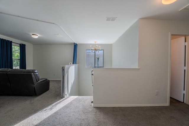 7935 Faithful Trl, Dallas, TX 75237 - interior space with visible vents, baseboards, an inviting chandelier, an upstairs landing, and carpet flooring