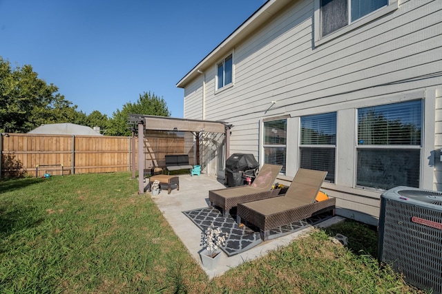 exterior space featuring central AC, a lawn, outdoor lounge area, a pergola, and a patio