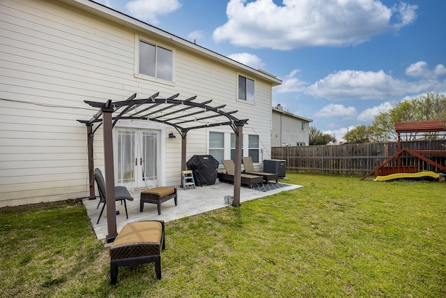 7935 Faithful Trl, Dallas, TX 75237 - rear view of house featuring a pergola, a lawn, fence, a patio, and french doors