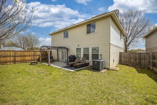 7935 Faithful Trl, Dallas, TX 75237 - rear view of property featuring a pergola, cooling unit, a patio area, brick siding, and a lawn