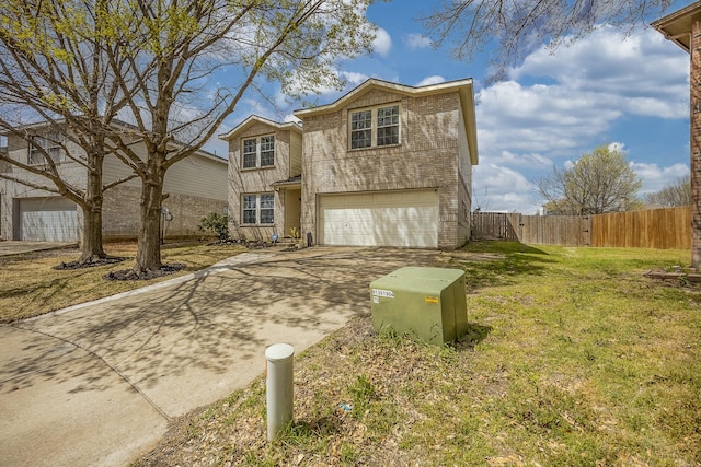 7935 Faithful Trl, Dallas, TX 75237 - traditional home featuring a front yard, an attached garage, fence, concrete driveway, and brick siding