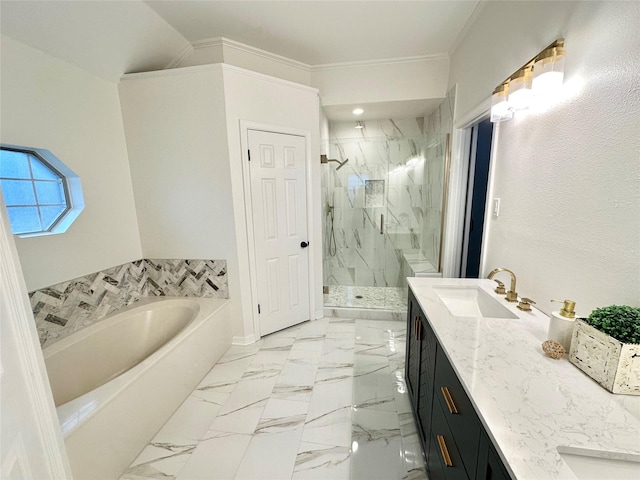 bathroom with vanity, ornamental molding, and plus walk in shower