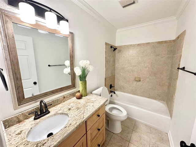 full bathroom with toilet, tiled shower / bath, ornamental molding, vanity, and tile patterned flooring