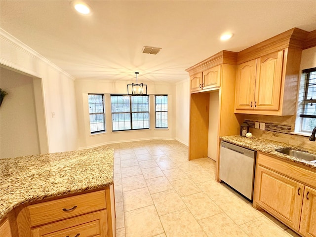 kitchen featuring sink, ornamental molding, dishwasher, pendant lighting, and light stone countertops