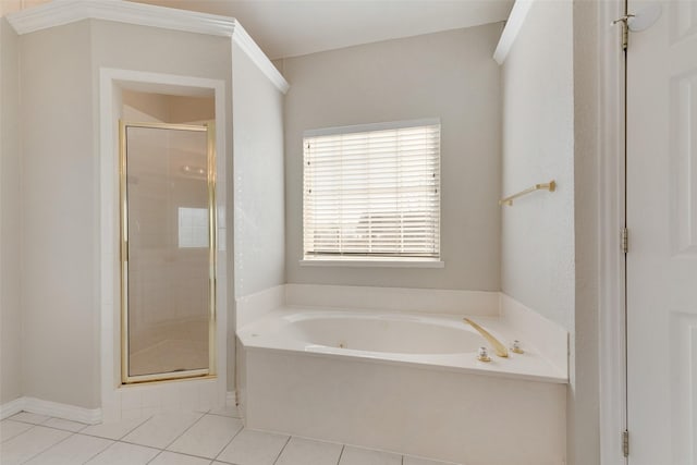 bathroom featuring independent shower and bath and tile patterned floors