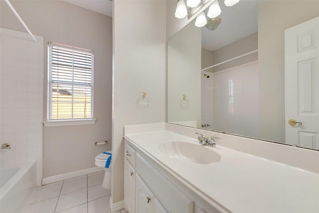 full bathroom featuring vanity, toilet, tiled shower / bath combo, and tile patterned flooring