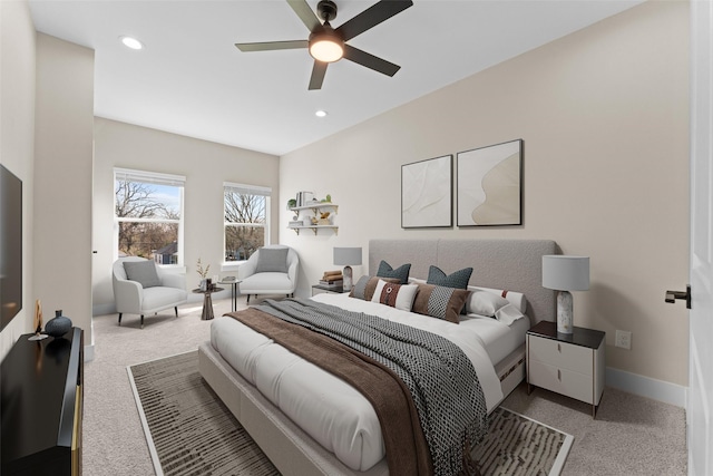 carpeted bedroom with ceiling fan