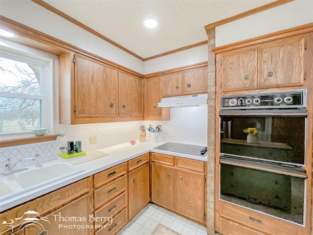 kitchen with sink, decorative backsplash, ornamental molding, and black appliances