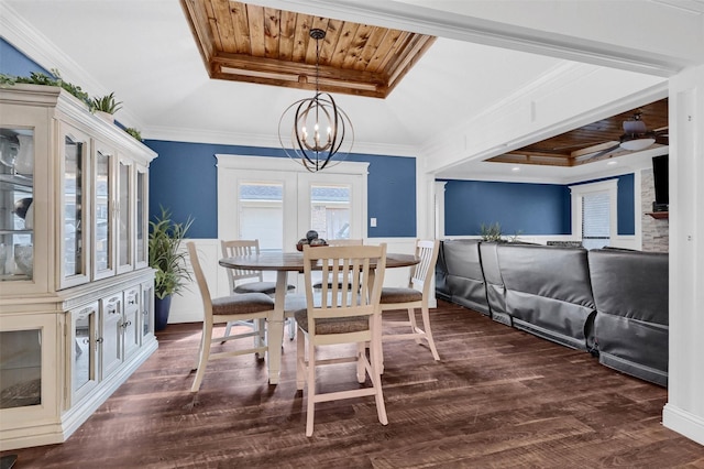 dining room with crown molding, wood ceiling, dark hardwood / wood-style floors, a raised ceiling, and ceiling fan with notable chandelier