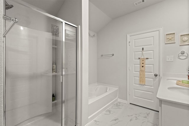 2313 Atlantic Ave, Anna, TX 75409 - full bathroom with a shower stall, a garden tub, double vanity, marble finish flooring, and vaulted ceiling
