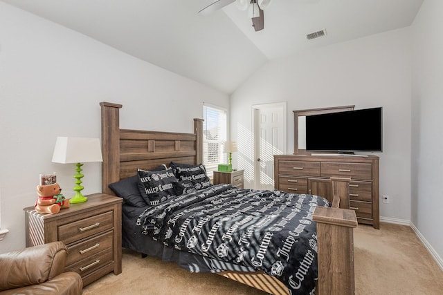 carpeted bedroom featuring lofted ceiling and ceiling fan